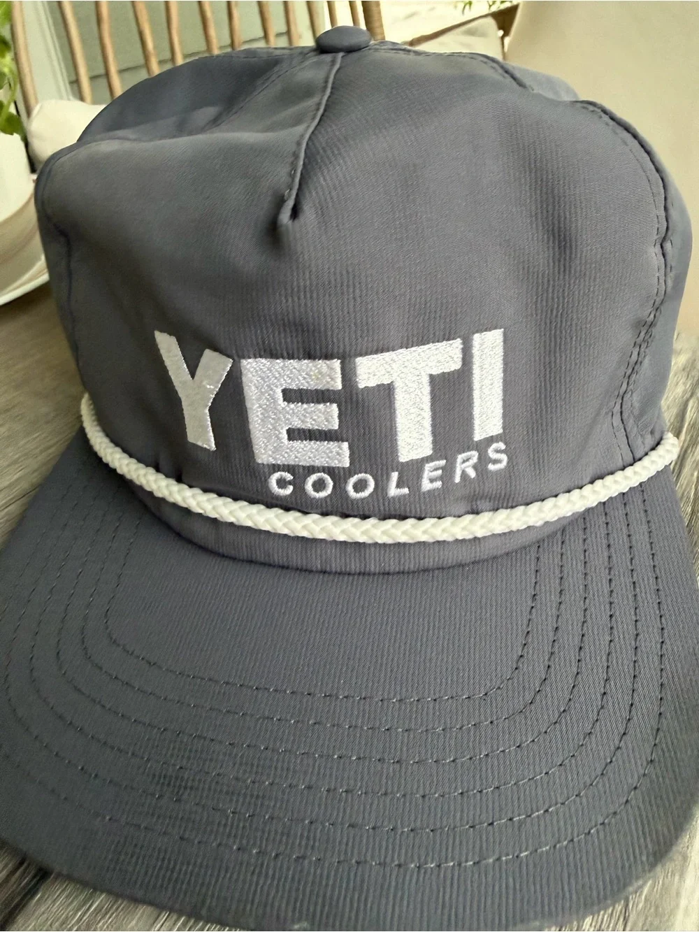 Yeti Coolers Cap Hat with White Rope Trim Snap Back Gray White Rope Embroidered
